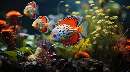 Naklejka premium Colorful aquarium background with tropical fish freshwater angelfish, Discus Tetra, aquatic plants