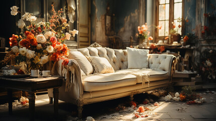 Old Fashioned Shabby Chic Sofa With Cushions and Flowers Retro Style Background