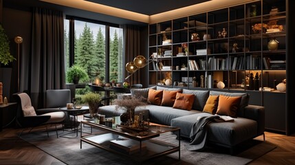 apartment design ideas with lots of lights, in the style of dark gray and gold, heavy lines, decorative, wood, high quality photo, postmodernist