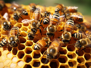 Honeybees Working Together on Golden Honeycomb in Bright Sunshine