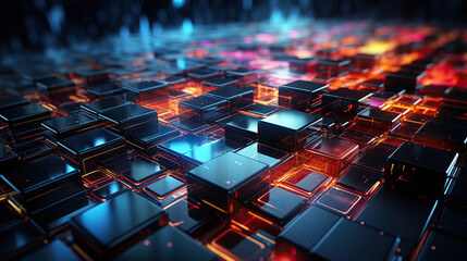 Obraz premium Glowing Grid: A Futuristic Dance of Cubes,electronic circuit board,abstract background,abstract background with glowing lines