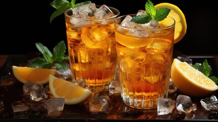 Refreshing iced tea with lemon slices and mint