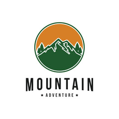 mountain adventure logo design idea with tree and sun with circle symbol