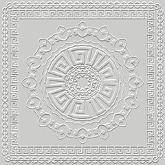 Embossed 3d greek frame, chains, round mandala seamless pattern. Emboss textured background. Surface grunge relief 3d ornaments with embossing effect. Greek meanders, square frames, borders, circles