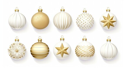 Fototapeta premium Set of white and gold realistic Christmas decorations. 3d render vector illustration. Design elements for greeting card or invitation 