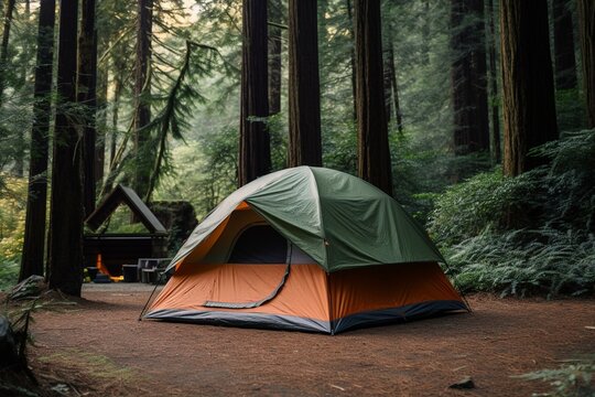 A tent in a pine forest campground. Generative AI
