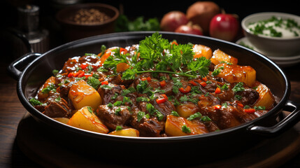 A Lamb Stew in a Thick Red Sauce with Carrots and Potatoes on Selective Focus Background
