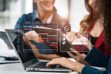 Group of diverse business people discussing a project in a meeting for analysis graph company financial.