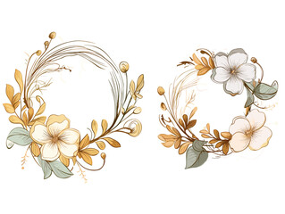 Drawing of flower wreaths with neutral flowers and leaves illustration separated, sweeping overdrawn lines.