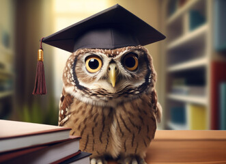 Owl in a graduation cap. Concept of education, knowledge, preparation for graduation. Feathered bird - an eagle owl in a hat and mantle. Background for advertising online education, distance learning.