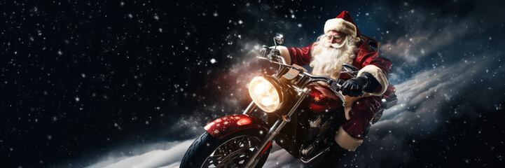 Santa Claus on a motorbike hurrying driving on starry night background