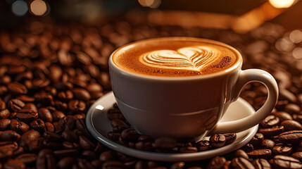 A Cup of Cappuccino Coffee Drawn with a Heart on The Side of Coffee Beans on Blurry Background