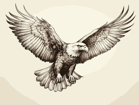 Drawing of Flying eagle logotype mascot in engraving style illustration separated, sweeping overdrawn lines.