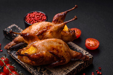 Roasted quail, partridge or pigeon stuffed with orange with spices and herbs
