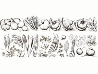 Drawing of fresh vegetables collection. Food frame illustration separated, sweeping overdrawn lines.