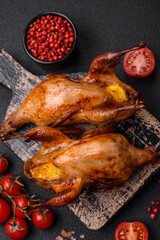 Roasted quail, partridge or pigeon stuffed with orange with spices and herbs