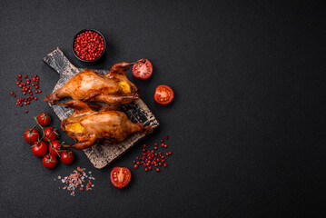 Roasted quail, partridge or pigeon stuffed with orange with spices and herbs