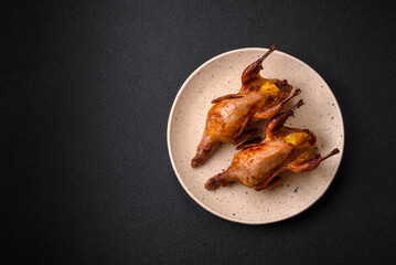 Roasted quail, partridge or pigeon stuffed with orange with spices and herbs