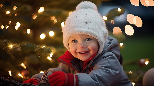 Cute little baby child wearing warm clothes under Christmas light. Generative AI