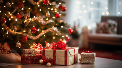 Fototapeta na wymiar Christmas festive background with gifts under fir tree. Generative AI