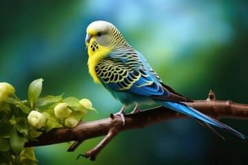 A Colorful Budgerigar song parrot perchin Perched on a Branch, Surrounded by Nature's Beauty Created With Generative AI Technology