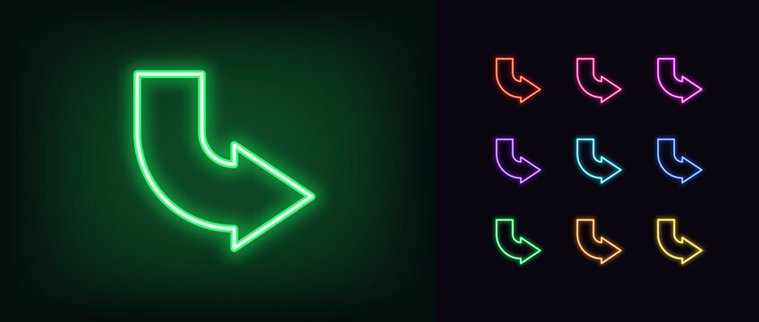 Outline bended neon arrow icon set. Glowing neon curved arrow pointer, bent arrowhead sign. Rounded arrow, turning cursor, bended navigation pointer, rotate motion direction. Vector icon set
