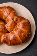 Delicious baked crispy croissants as an element of an invigorating, nutritious breakfast