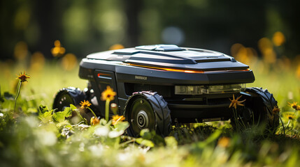 Robotic lawn mower mows the grass from the lawn in the garden - obrazy, fototapety, plakaty