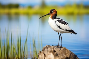 Obraz premium A Majestic Avocet Bird Perched on a Serene Rock Overlooking a Tranquil Waterscape Created With Generative AI Technology