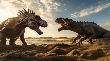 Fototapeta premium Giant prehistoric dinosaurs fighting on sandy beach. Generative AI