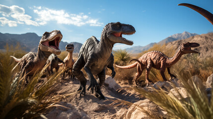 Flock of gigantic dinosaur predator running searching for food. Generative AI