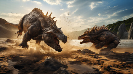Obraz premium Giant prehistoric dinosaurs fighting on sandy beach. Generative AI