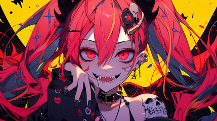 Fototapeta premium Crazy anime girl cyberpunk digital painting. Manga woman evil dark Halloween theme. generative ai