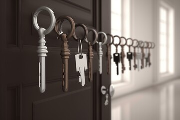 3D rendered image of key hanging on a collection of doors. Generative AI