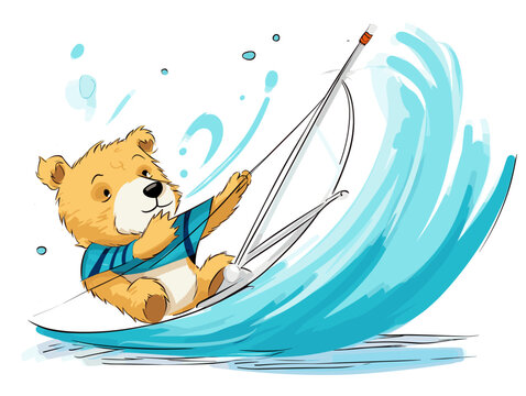 Drawing of Illustration of isolated cute bear wind surfing on white illustration separated, sweeping overdrawn lines.