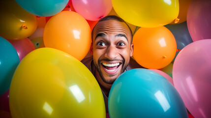Fototapeta na wymiar Happy smiling man surrounded with air balloons. Generative AI