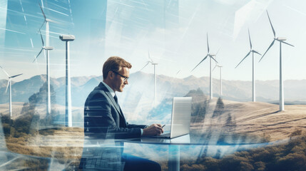 A focused businessman analyzes renewable energy designs on his laptop with holographic blueprints, in an office overlooking wind turbines.