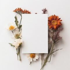 Mockup white blank greeting cards on white background, minimalist wild flowers