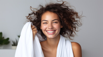 Portrait female model drying her hair with white towel after shower - obrazy, fototapety, plakaty
