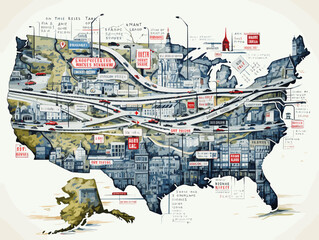 Drawing of Interstate and US Route signs illustration separated, sweeping overdrawn lines.