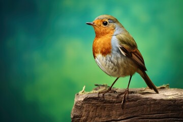 A Tiny Robin redbreast Bird Resting on a Rustic Wooden Perch Created With Generative AI Technology