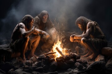 A Cozy Neanderthal  Evening by the Campfire with Friends Created With Generative AI Technology