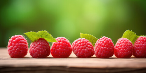 Ripe raspberries in a row, dark backdrop.