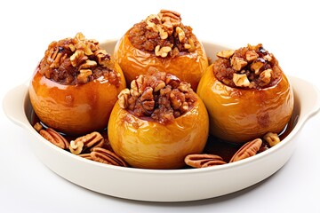 Baked Apples Stuffed with Walnuts and Sultanas, pecans, oatmeal and cinnamon isolated on white background