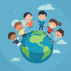 Children hand to hand over the planet earth