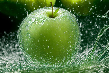 A green apple falls into the water. Apple in water with splashes