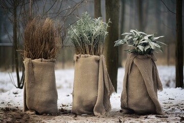 Plants protected with burlap against winter cold. Generative AI