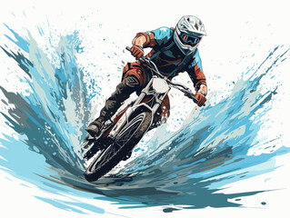 Drawing of Mountain bike water jump illustration separated, sweeping overdrawn lines.