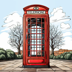 Fototapeta premium A watercolor sketch captures the classic red booth amidst a charming street scene