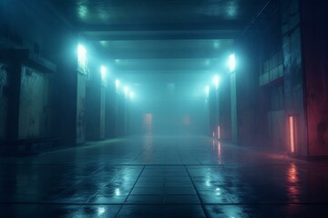 Foggy urban passage with illuminated neon lights reflecting on grungy concrete walls and a futuristic stage show. Generative AI